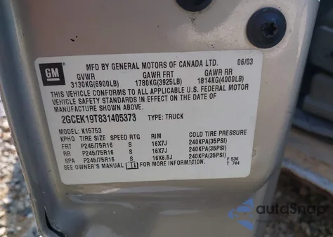 2003 Chevrolet Silverado K1500 z USA, uszkodzony, nr VIN 2GCEK19T831405373